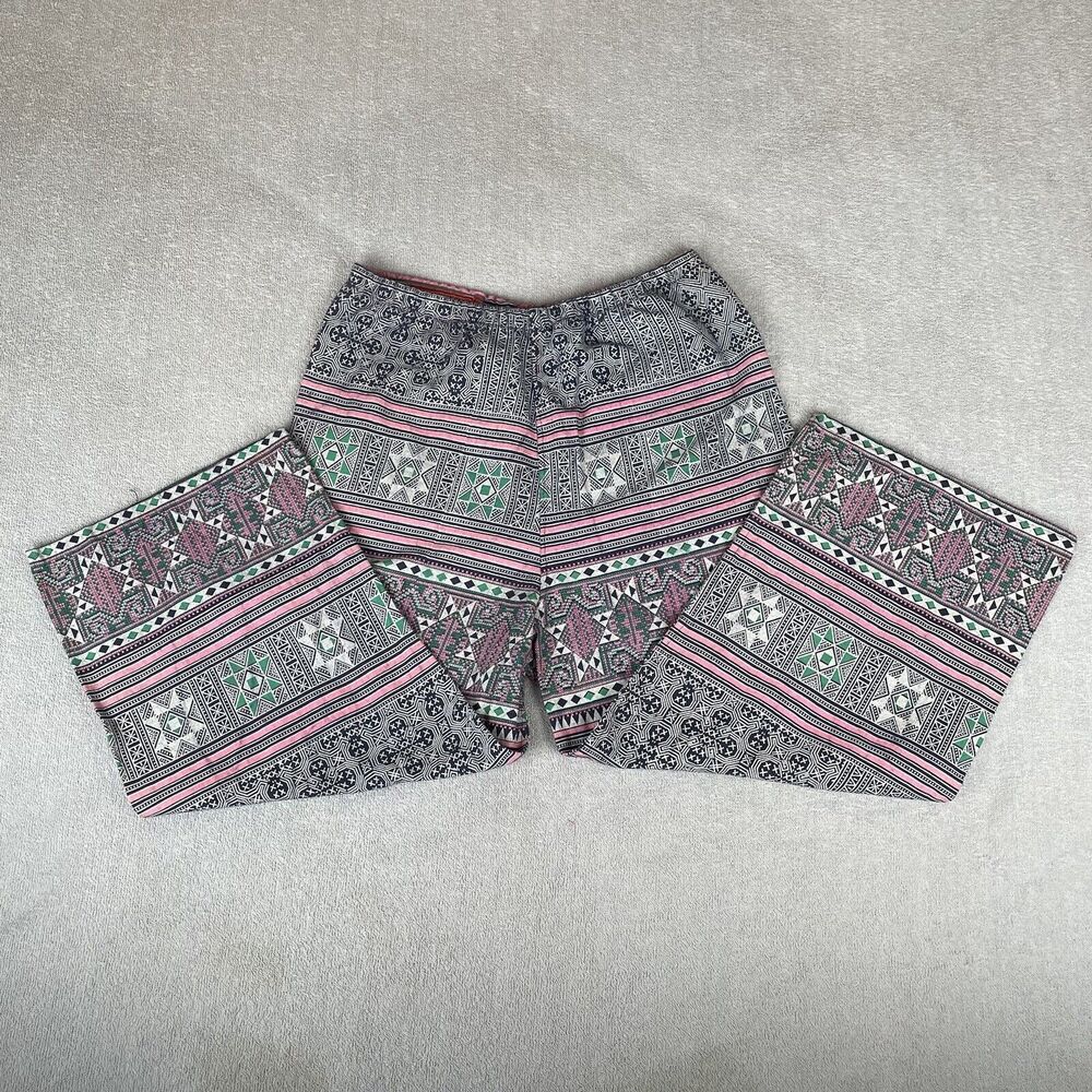 Cotton Tribal Boho Hippie Pants Women's Small Blue Pink Green Straight Leg Crop - Picture 2 of 16